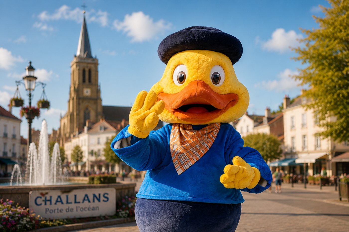 Le canard de Challans, béret et foulard, salue sur la place centrale devant la fontaine
