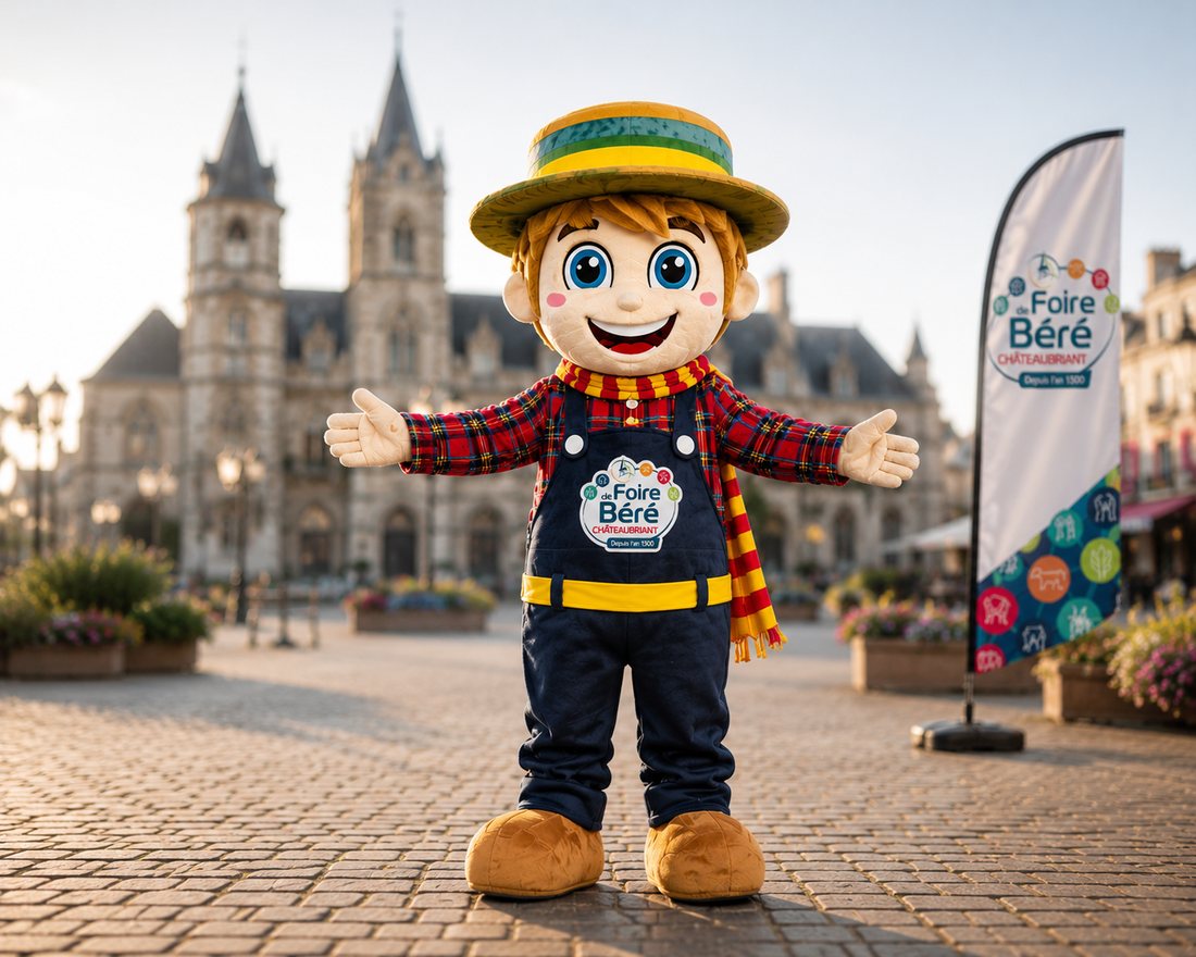 Mascotte de personnage souriant, bras ouverts