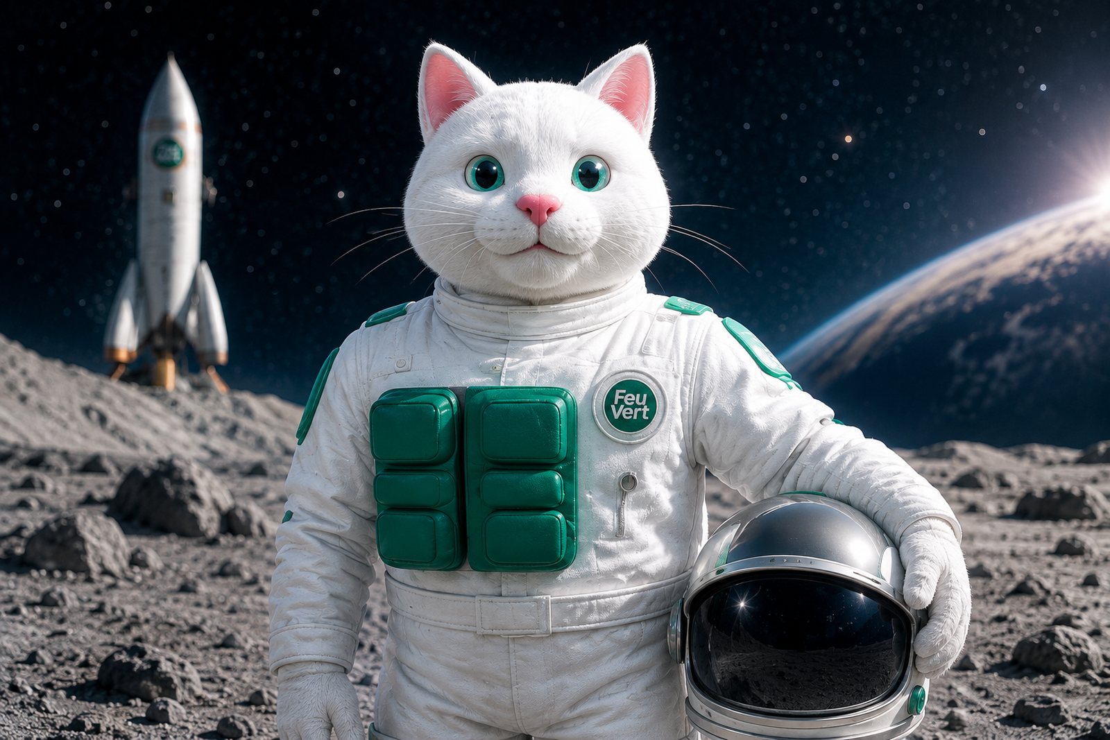 Ramsès, chat astronaute blanc en combinaison, casque à la main, sur un décor lunaire
